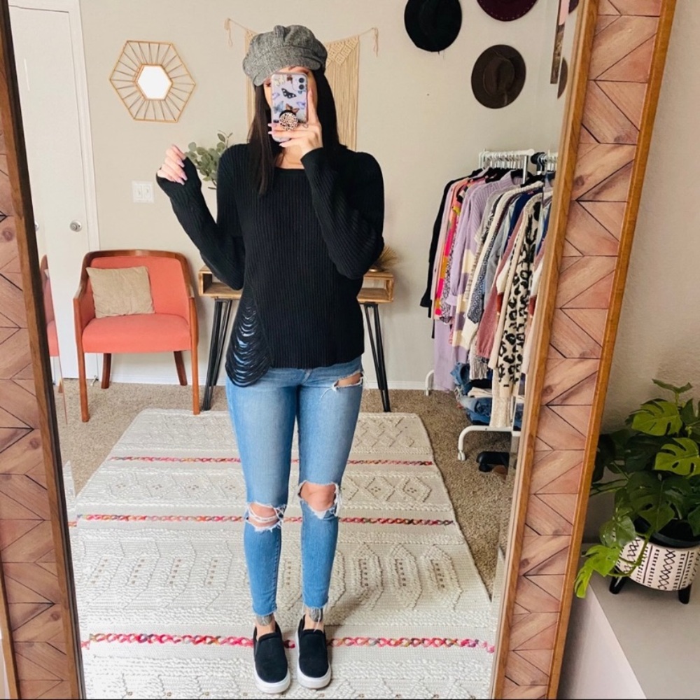 Revolve One Grey Day Robert  Sweater Distressed Ribbed Knit Cotton Silk Black XS